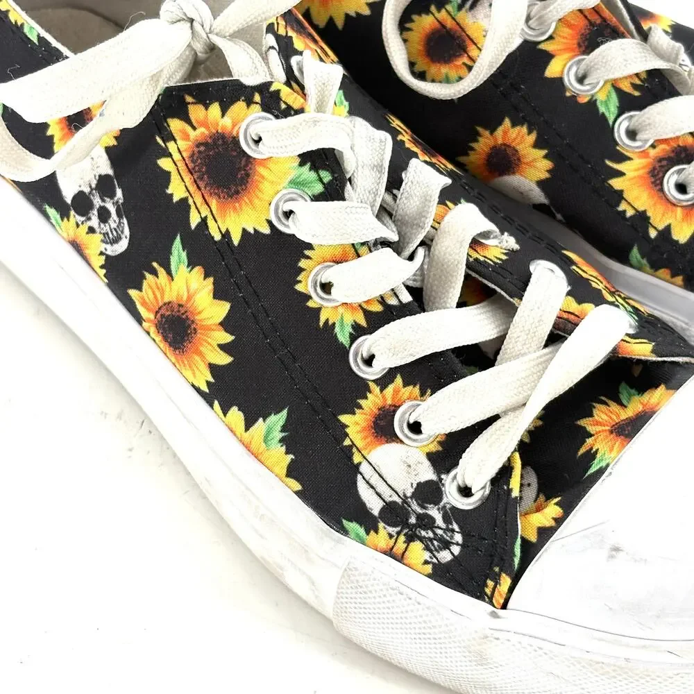 Hot Topic Sunflower Skull Sneakers 10 Black Yellow Whimsy Fairy Goth Grunge